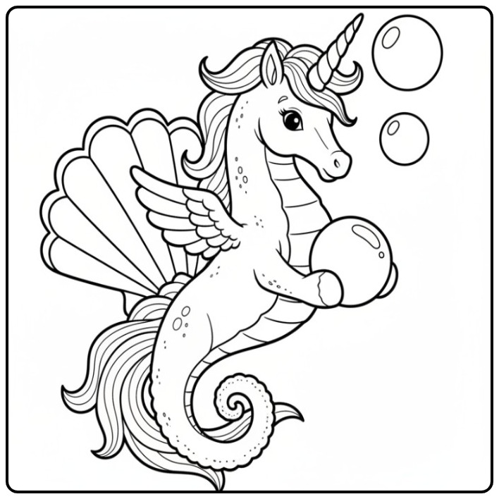 Adorable dessin de coloriage hippocampe licorne ailé à imprimer.