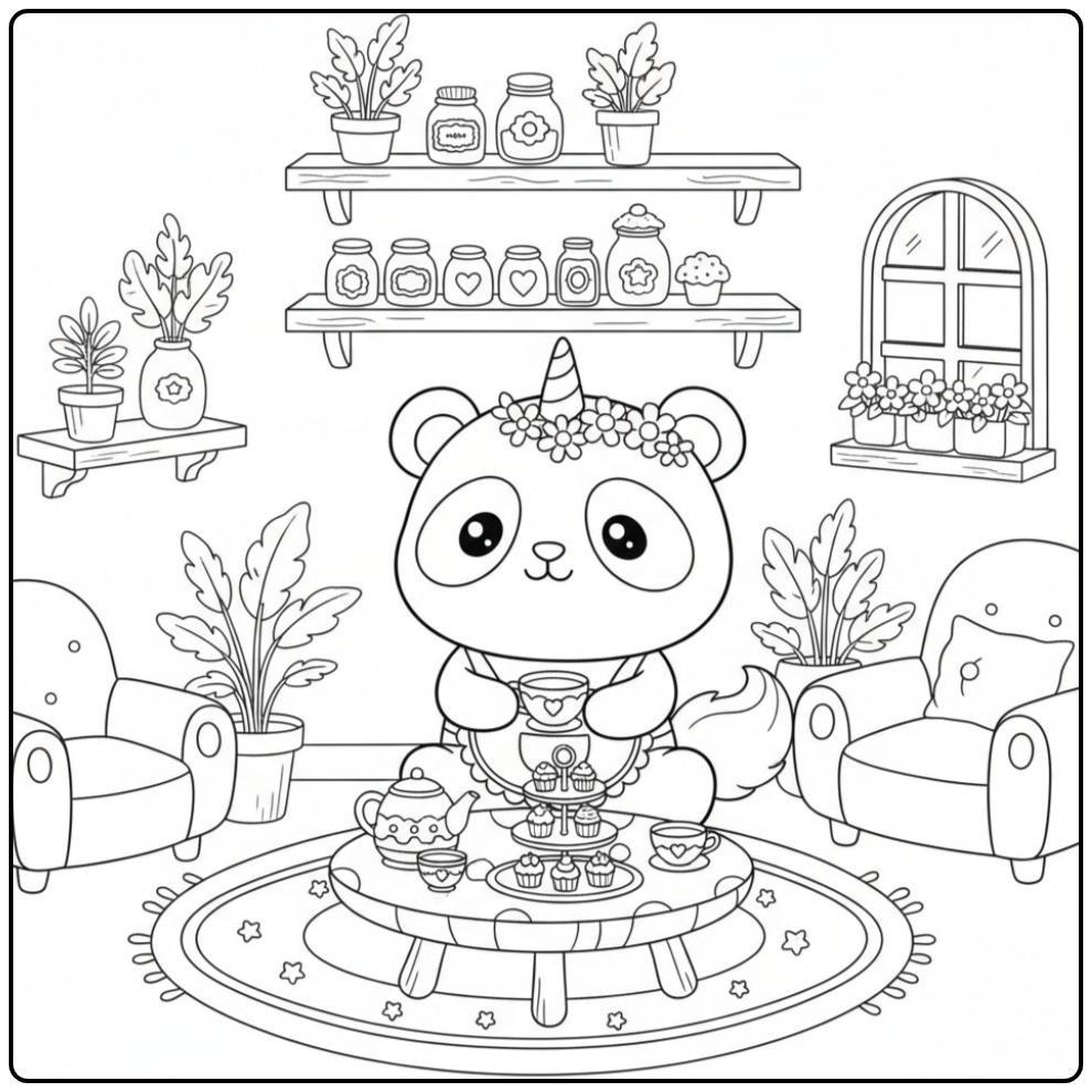 Un joli coloriage kawaii panda licorne prenant le thé à la maison.