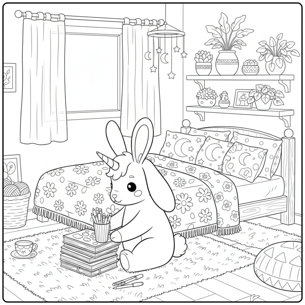 Un adorable coloriage lapin licorne assis par terre dans sa chambre.