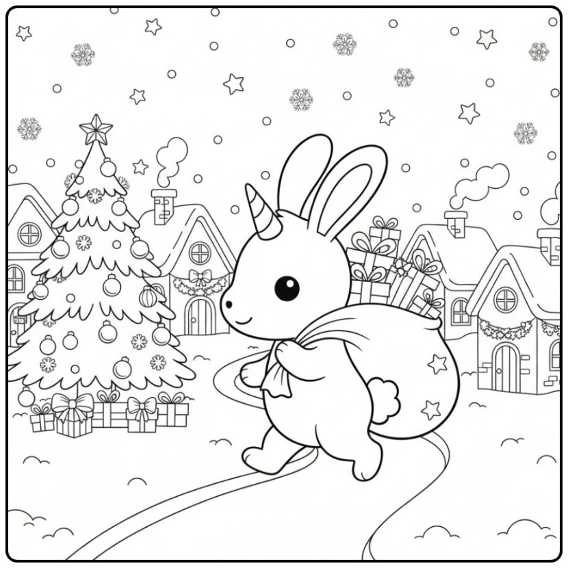 Un mignon Coloriage lapin licorne de Noël portant des cadeaux.