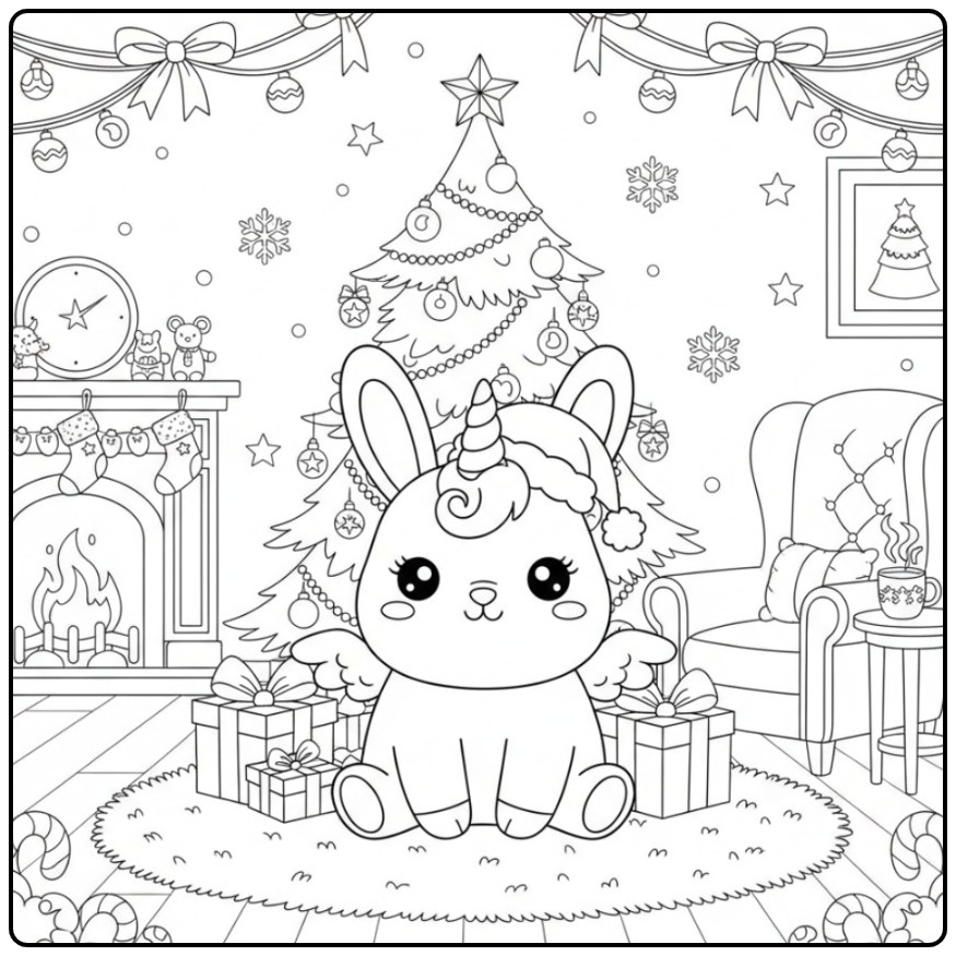 Un mignon Coloriage lapin licorne de Noël devant un sapin.