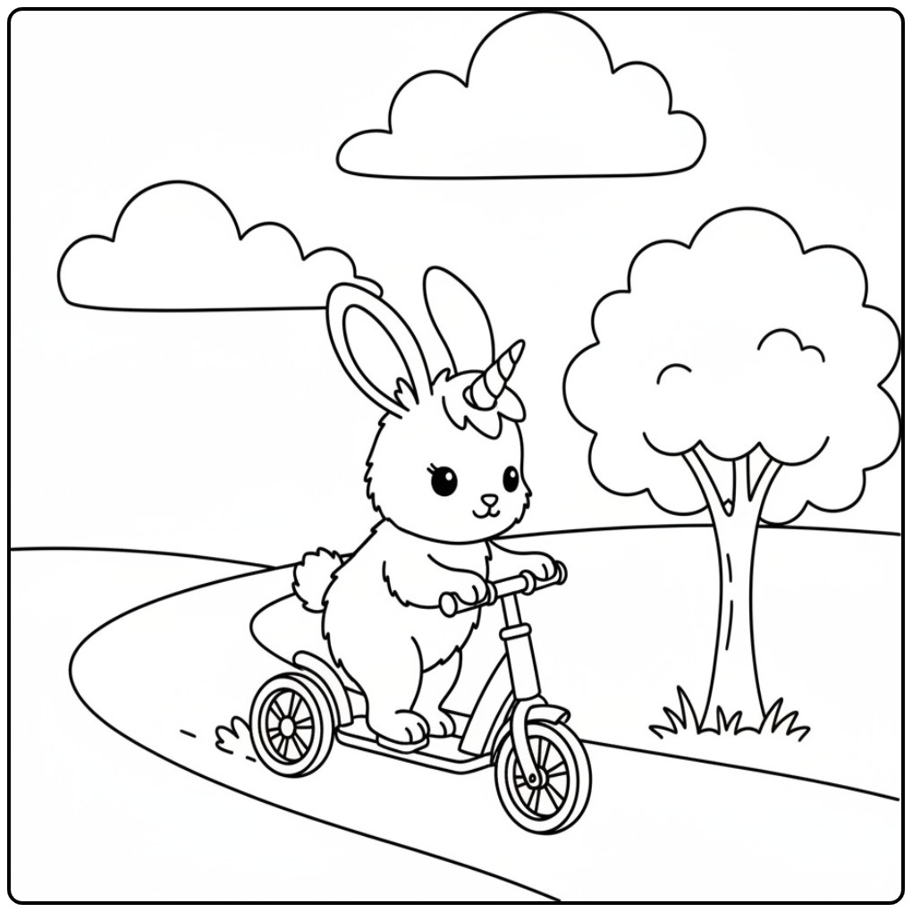 Un mignon coloriage lapin licorne faisant de la trottinette.