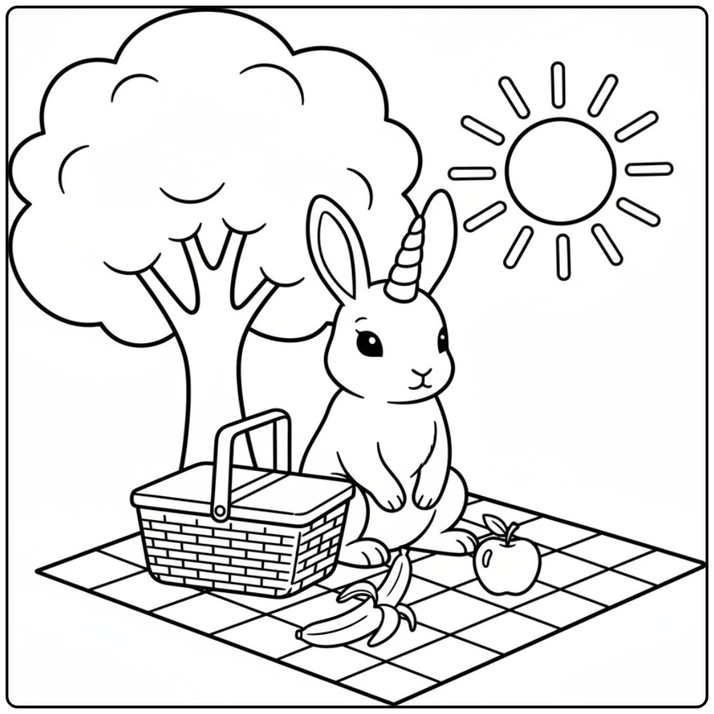 Un mignon coloriage lapin licorne pique-niquant sous un arbre.