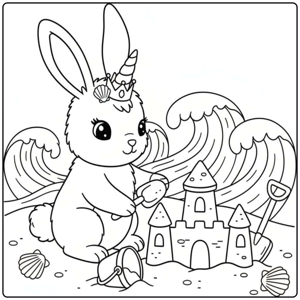 Un mignon coloriage lapin licorne bâtissant un château de sable.