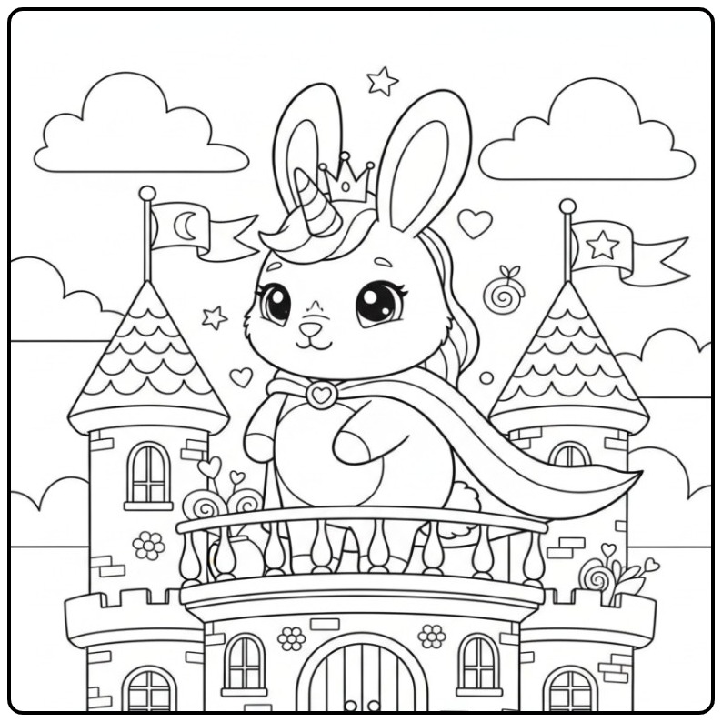 Coloriage lapin licorne princesse sur le balcon d'un château.