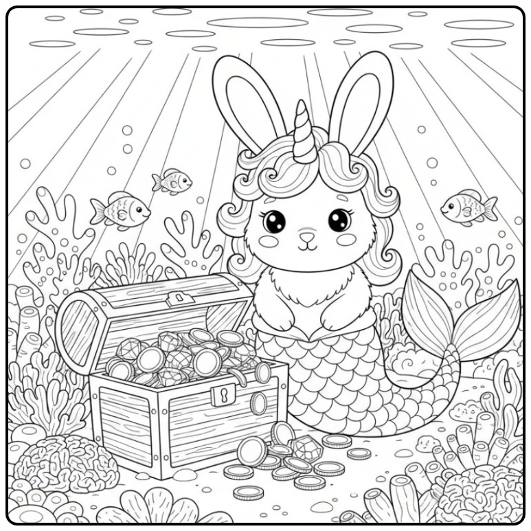 Un mignon Coloriage lapin licorne sirène avec un trésor sous l'eau.