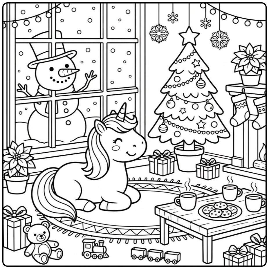 Adorable coloriage Licorne de Noël et Bonhomme de Neige à la fenêtre.