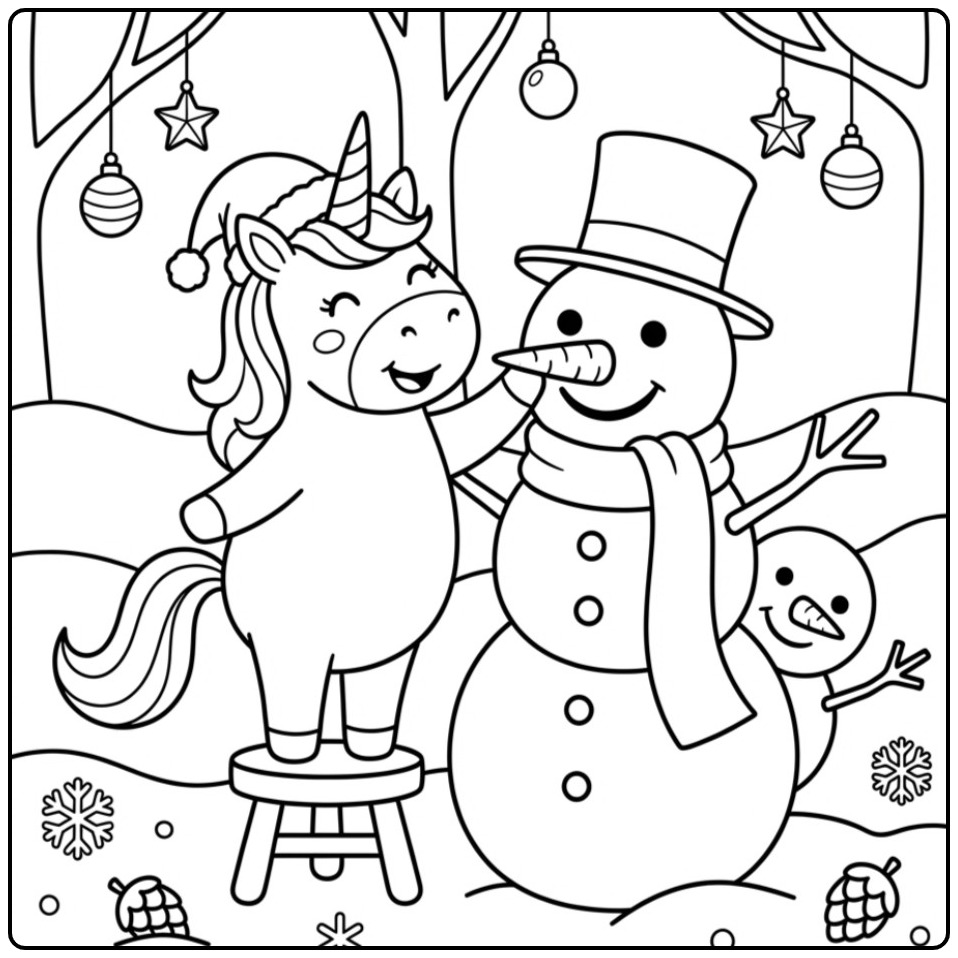 Adorable coloriage Licorne de Noël et Bonhomme de Neige à imprimer.