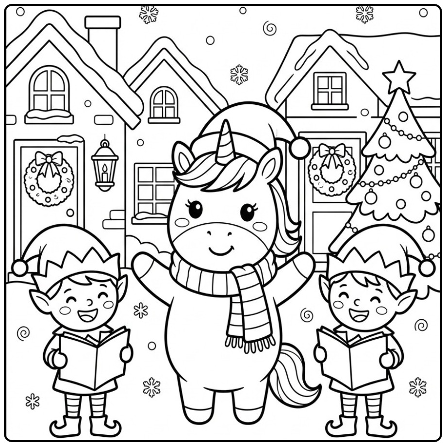 Un joyeux coloriage Licorne de Noël et Lutins de Noël chantant.