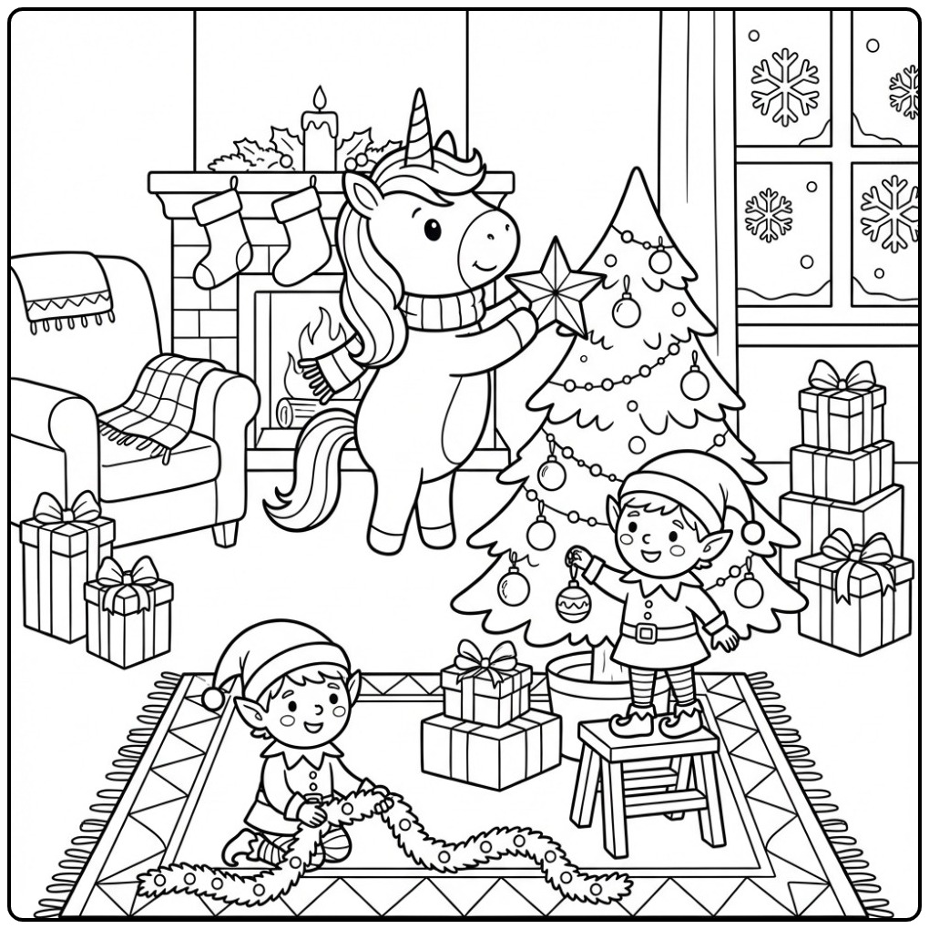 Un joyeux coloriage Licorne de Noël et Lutins de Noël en fête.