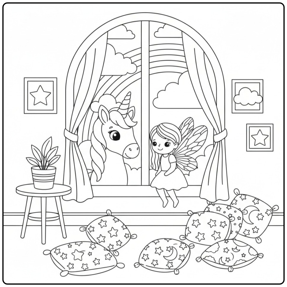 Coloriage Licorne et Arc-en-ciel avec une petite fée à la fenêtre d'une chambre.