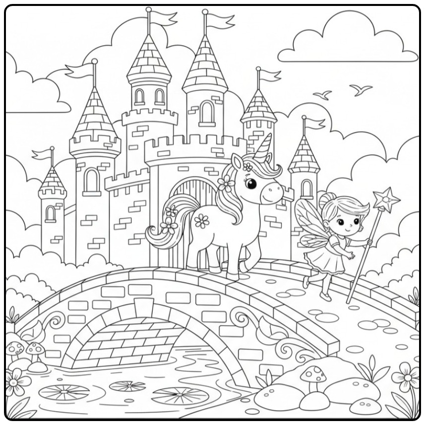 Un joli Coloriage Licorne et Château avec une fée magique.