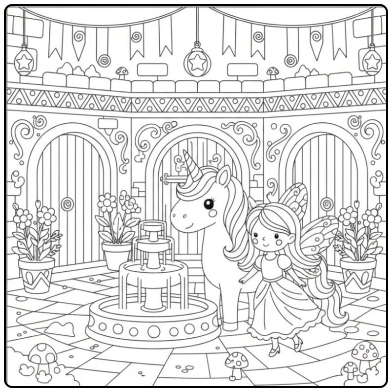 Adorable Coloriage Licorne et Château avec une fée souriante.