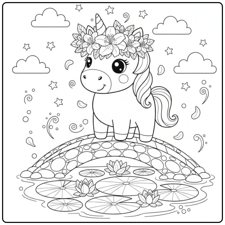 Adorable dessin Coloriage licorne et lys sur un pont fleuri.