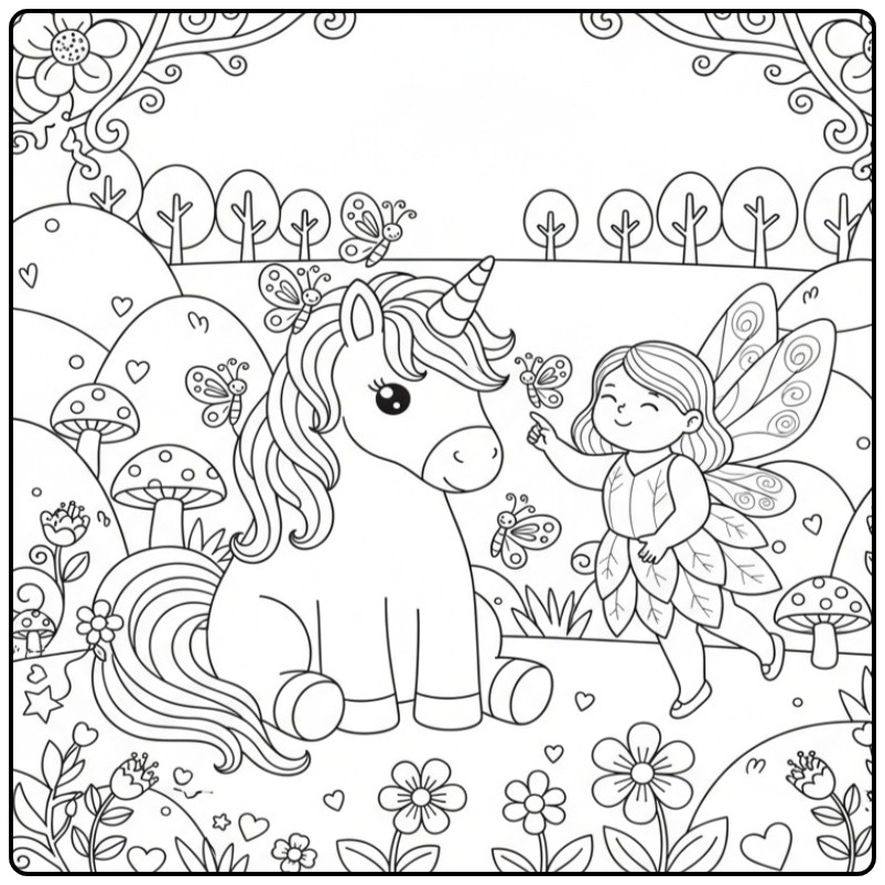 Scène de Coloriage Licorne et Papillons avec une petite fée.