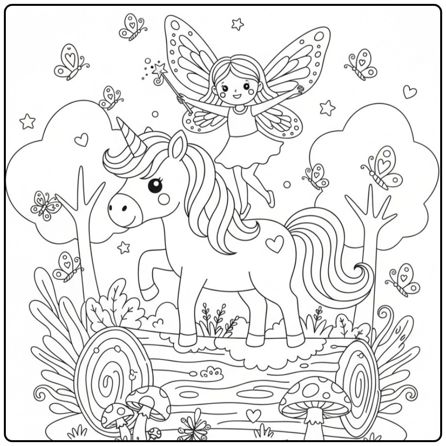 Une fée s'amuse avec son Coloriage Licorne et Papillons.