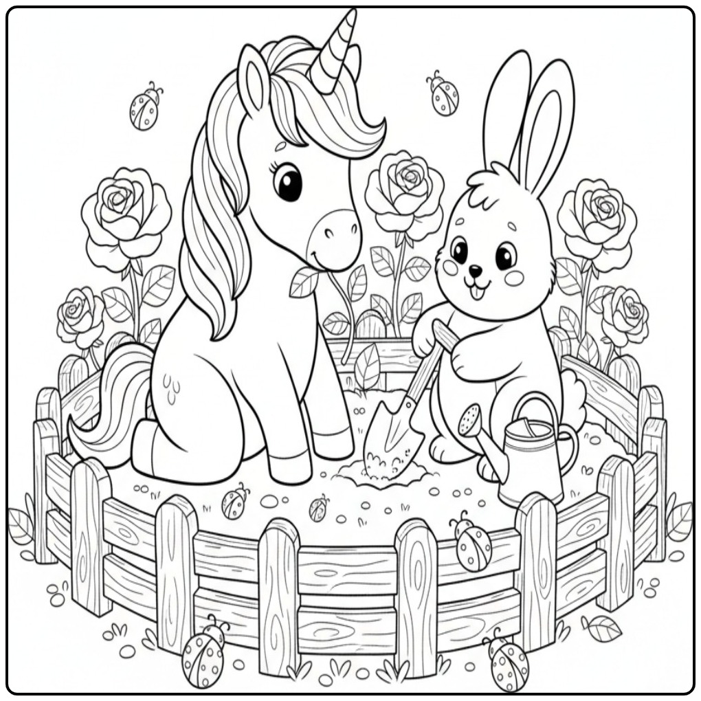 Un joli Coloriage licorne et rose avec un lapin jardinier.
