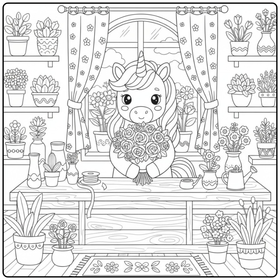 Coloriage licorne et rose dans une jolie boutique de fleurs.