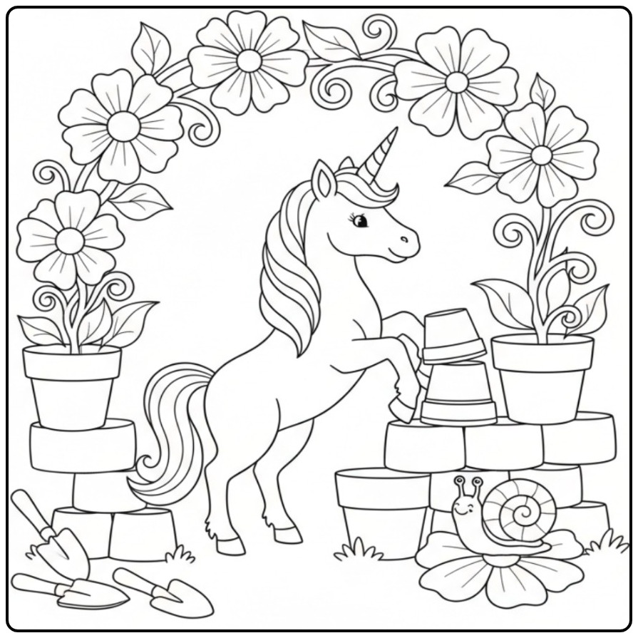 Adorable coloriage licorne fleur dans un décor de jardin.
