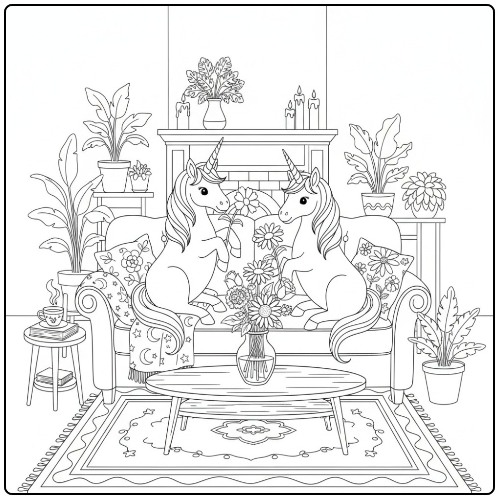 Adorable coloriage licorne fleur avec deux amis sur un canapé.