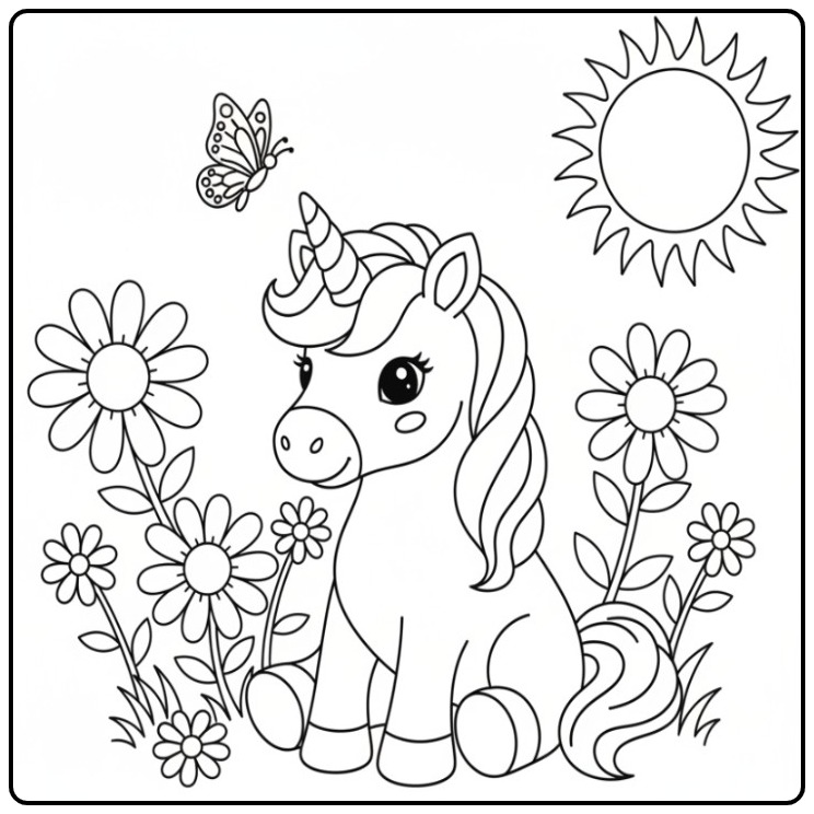 Dessin simple d'un coloriage licorne fleur dans un pré ensoleillé.