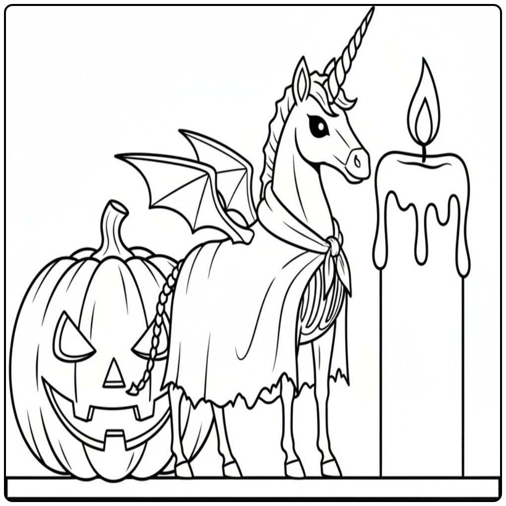 Un coloriage licorne halloween avec une citrouille sculptée.