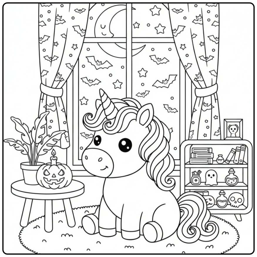 Adorable Coloriage licorne Halloween et chauves-souris dans le ciel nocturne.