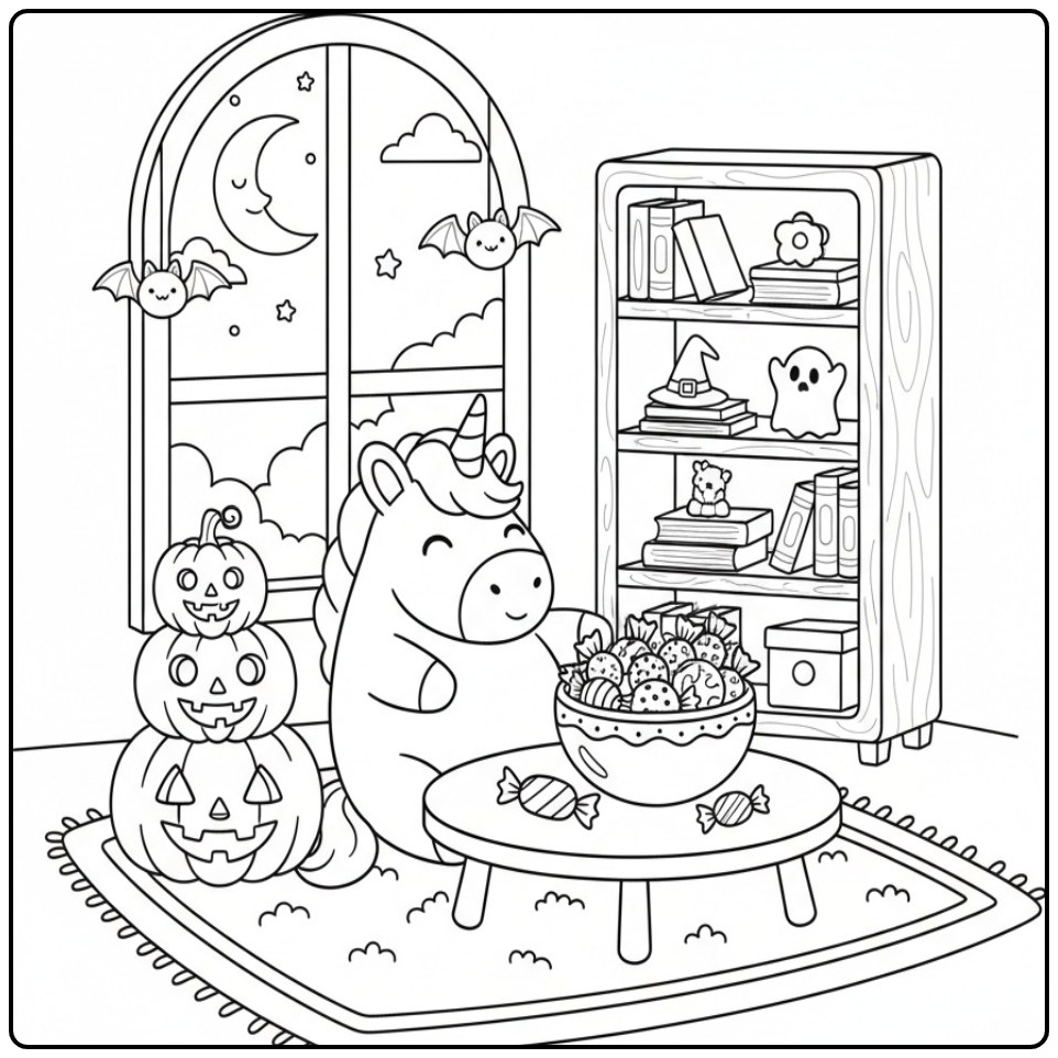 Coloriage licorne Halloween et citrouille avec des bonbons.