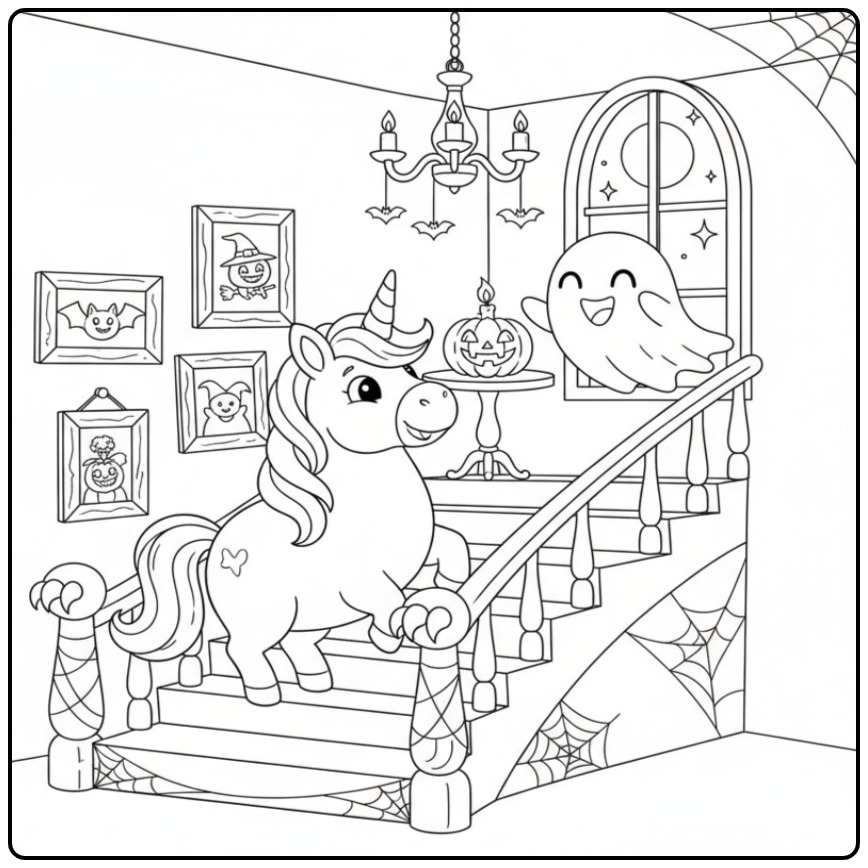Coloriage licorne Halloween et fantôme dans un manoir décoré.