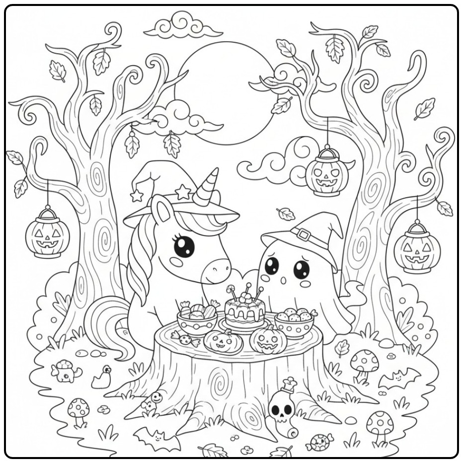 Coloriage licorne Halloween et fantôme partageant des friandises.
