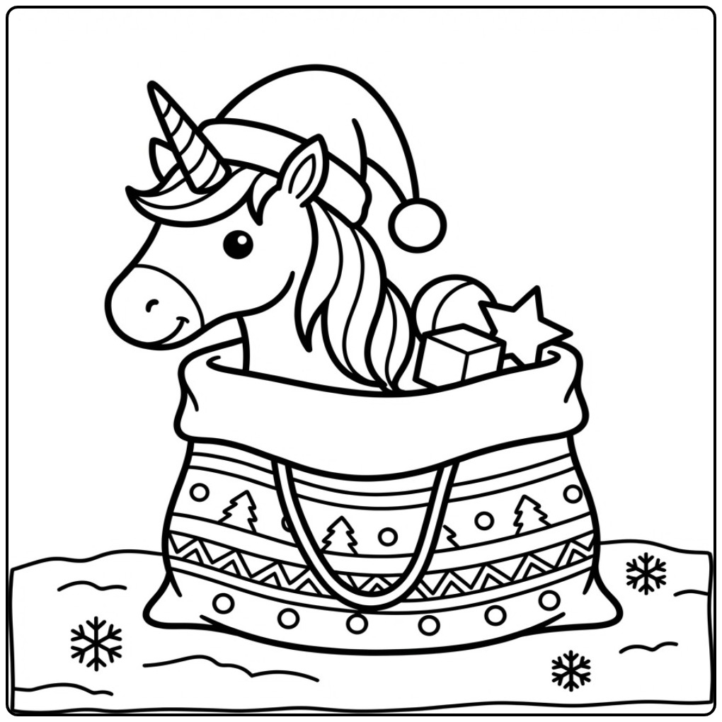 Un mignon coloriage licorne noel qui sort d'un sac de cadeaux.