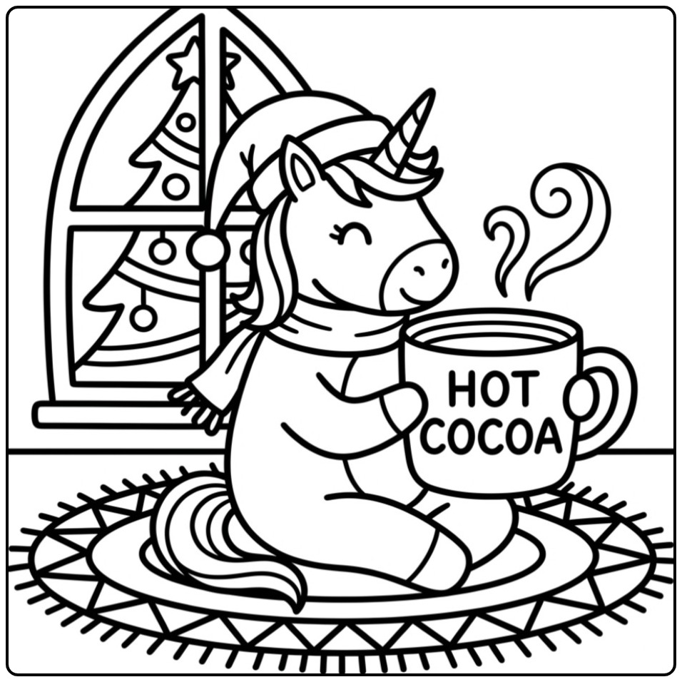 Adorable coloriage licorne noel avec une tasse de cacao chaud.