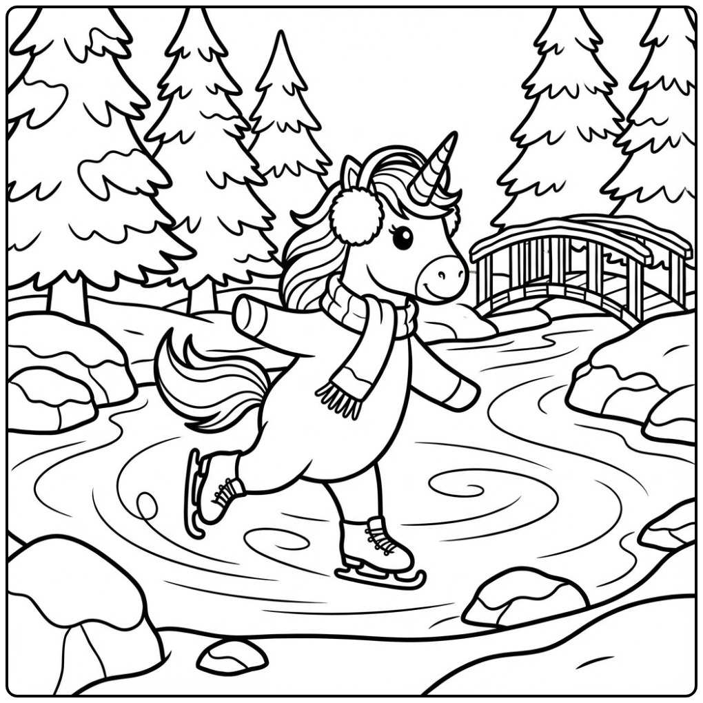 Adorable coloriage licorne noel patinant sur un lac gelé.