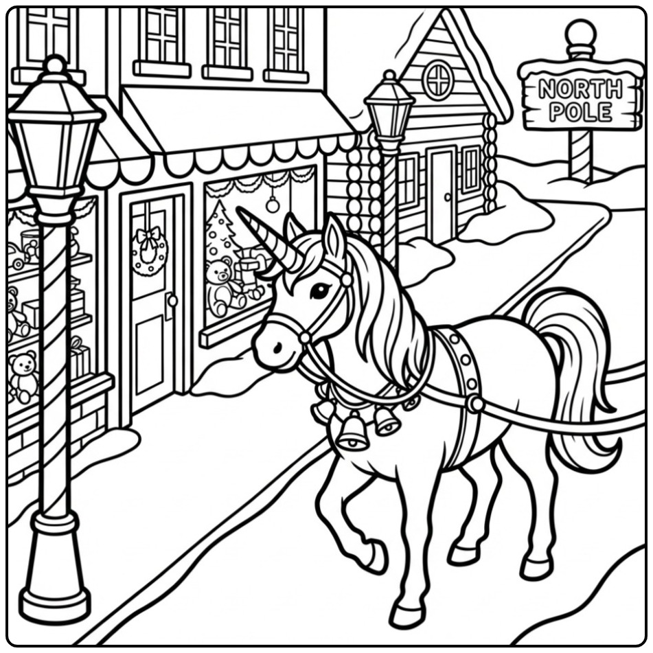 Un magique coloriage licorne noel dans un village enneigé.