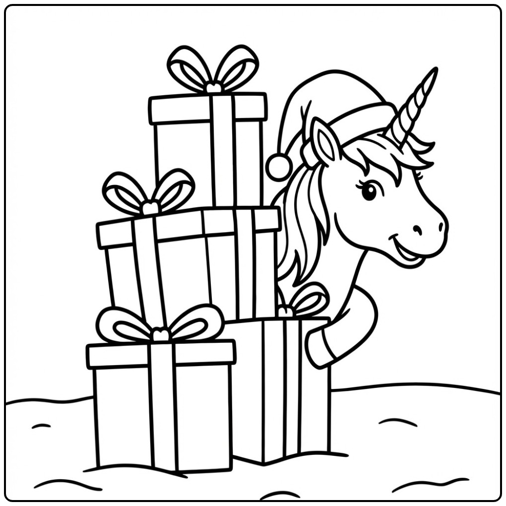 Un joyeux coloriage licorne noel avec une pile de cadeaux