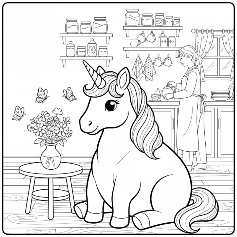 Adorable coloriage licorne papillon assis dans une cuisine.