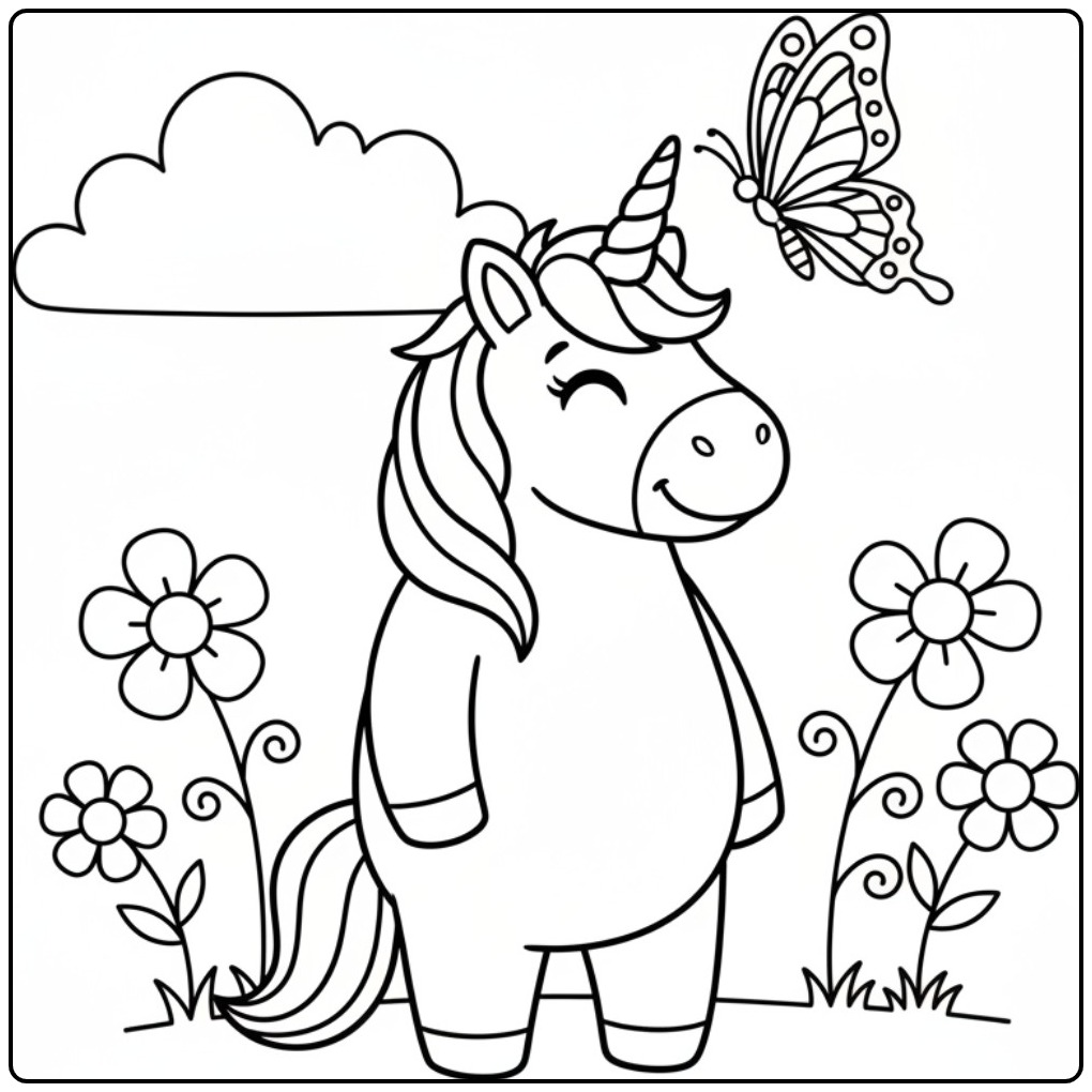 Un mignon coloriage licorne papillon dans un champ de fleurs.
