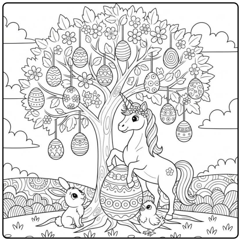 coloriage licorne paques avec un arbre d'œufs et des amis
