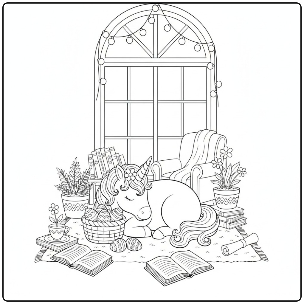 Coloriage licorne paques dormant paisiblement avec œufs et livres.
