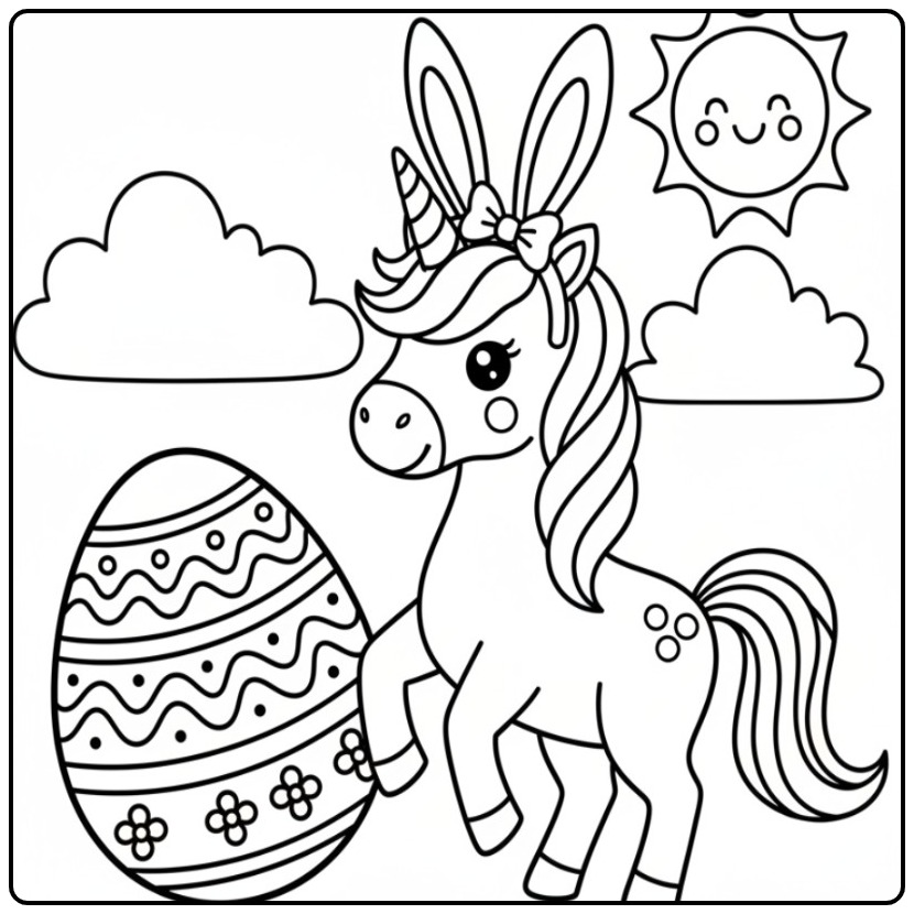 Adorabl coloriage licorne paques avec oeuf et soleil souriant.