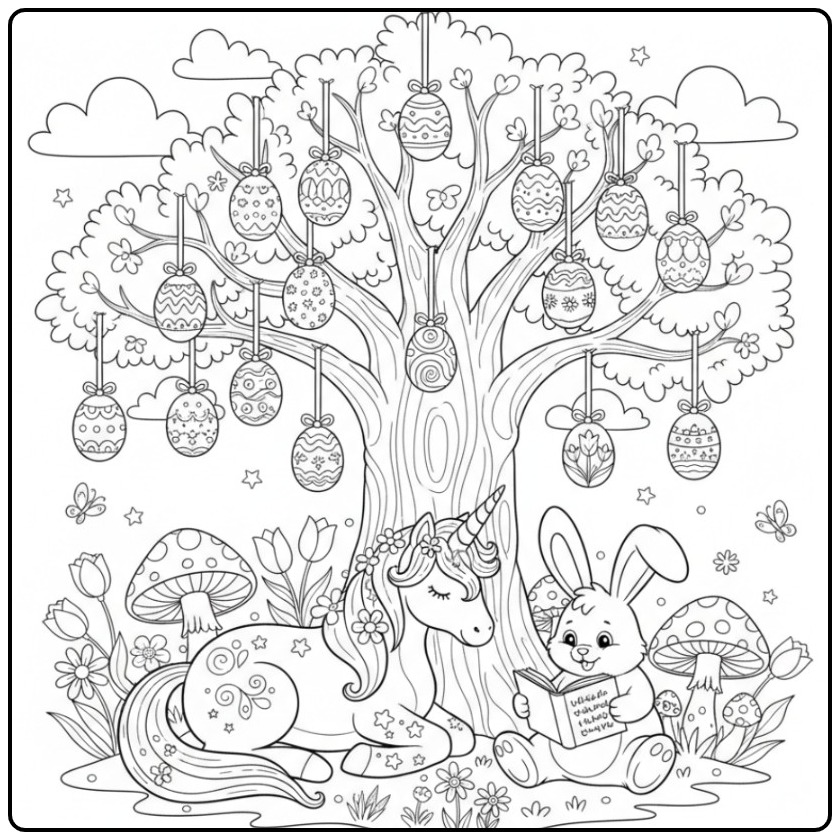 Un coloriage licorne paques adorable, avec lapin et œufs sous l'arbre.