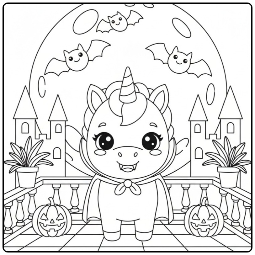 Dessin simple d'une Coloriage licorne vampire Halloween.