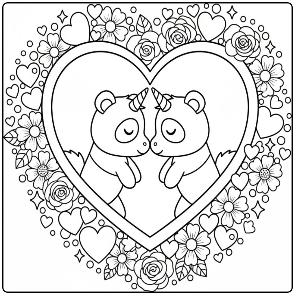 Illustration à imprimer Coloriage panda licorne avec des cœurs.