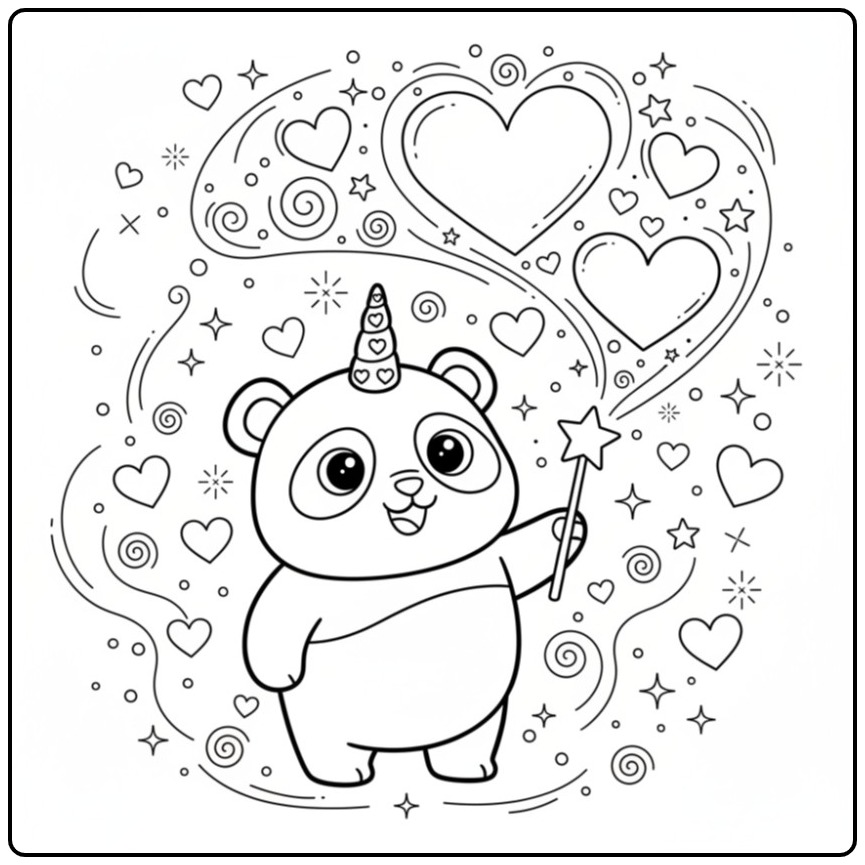 Adorable Coloriage panda licorne avec des cœurs et sa baguette.