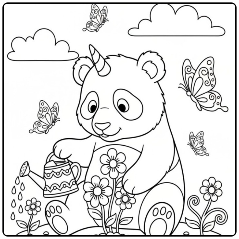 Un adorable coloriage panda licorne qui arrose des fleurs.