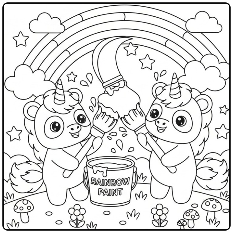 Page de Coloriage panda licorne et arc-en-ciel à peindre.
