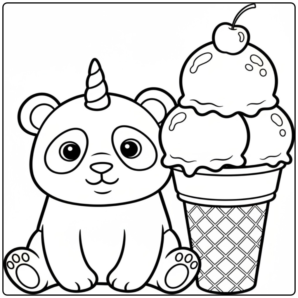 Un adorable coloriage panda licorne à côté d'un cornet de glace.