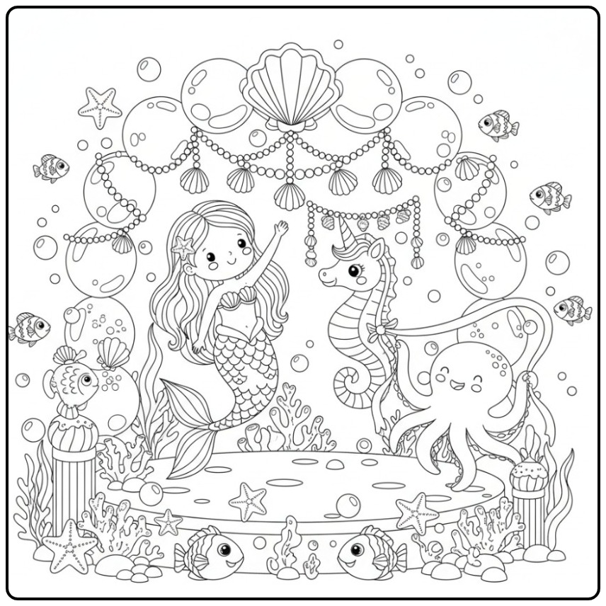 Coloriage sirène et hippocampe licorne avec une pieuvre amie.