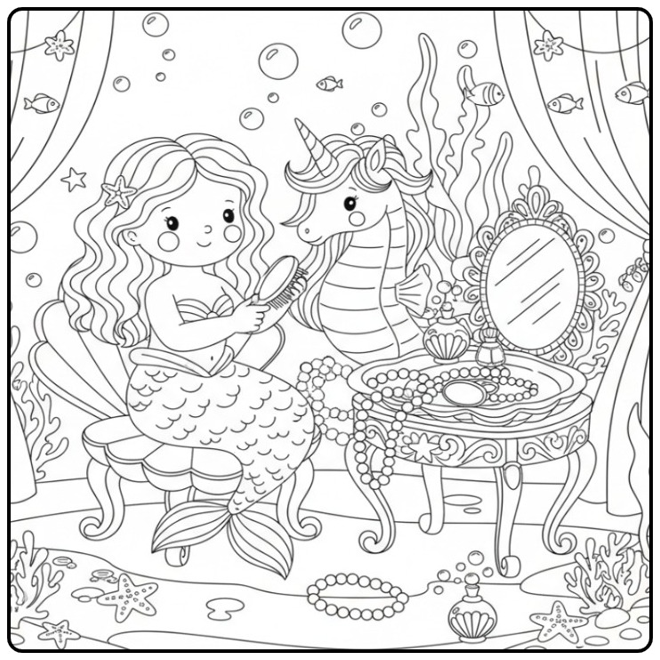 Coloriage sirène et hippocampe licorne devant une coiffeuse.