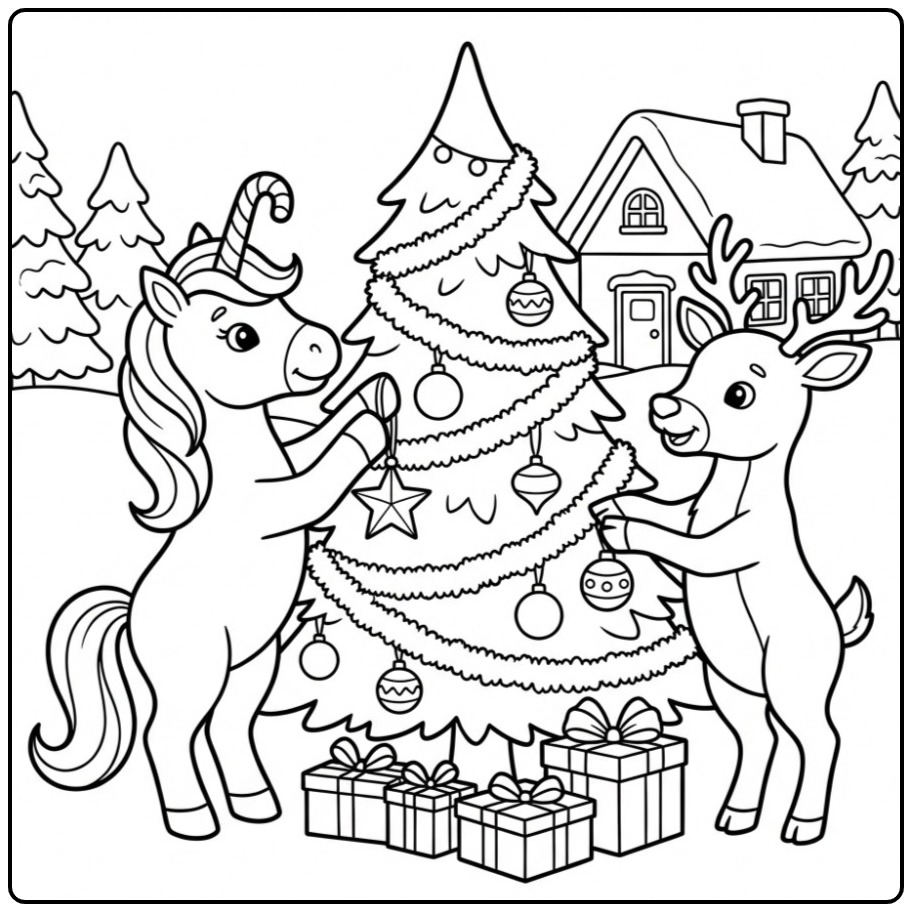 Un mignon coloriage licorne noel avec un renne décorant le sapin.